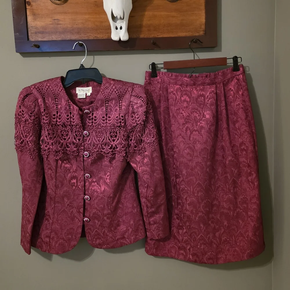 Vintage In The Mood Pink Jacquard Skirt Suit Set Wedding Mother of the Bride